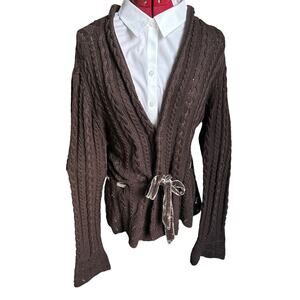 Ralph Lauren Large 100% Cotton Brown Cable knit Sweater Cardigan Velvet Belt